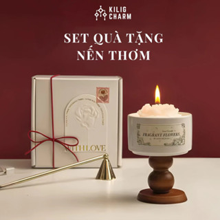Set quà tặng nến thơm hình hoa trang trí kèm đế gỗ, mùi hương thiên nhiên an toàn KS06 - KILIG CHARM
