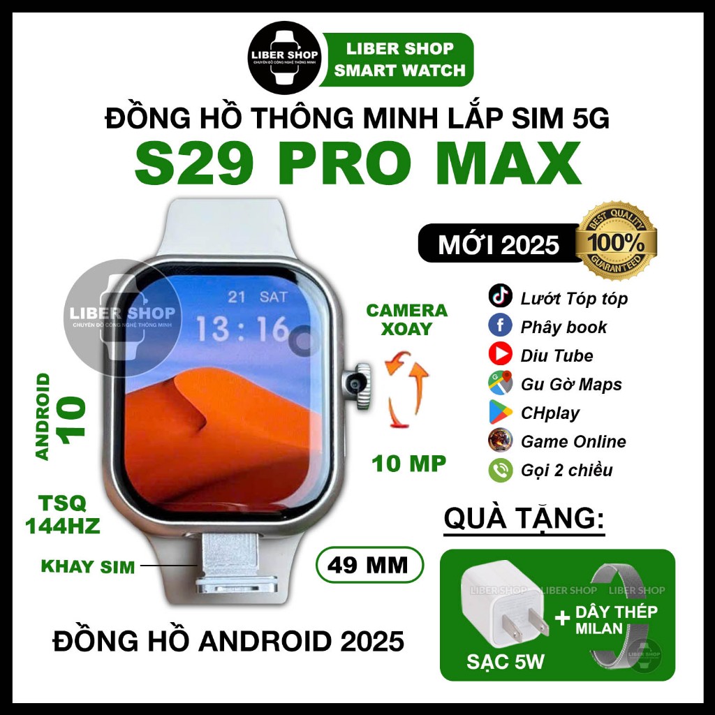 [New 2025] Đồng Hồ S29 Pro Max Lắp Sim 5G, Wifi, 144Hz, Lướt Mạng Xã Hội, Tải App CHPlay, Android 10