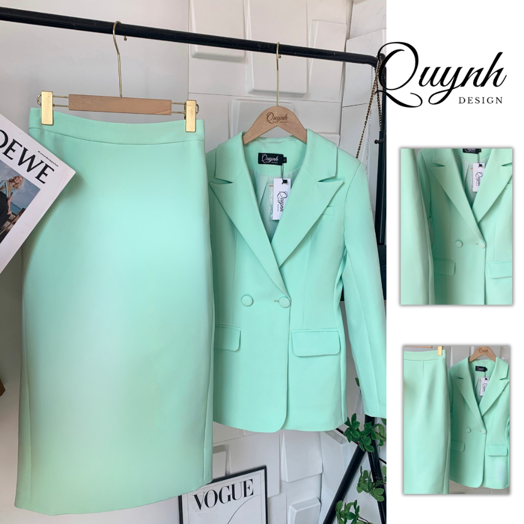 Set Vest công sở chân váy QUYNHDESIGN áo vest dáng ôm eo chân váy bút chì dáng dài màu xanh