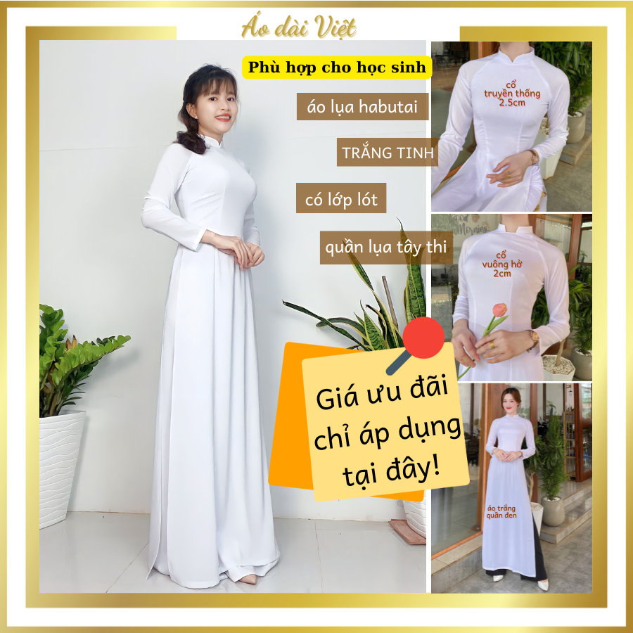 Áo dài trắng nữ học sinh đi học cấp 3 chụp hình kỷ yếu truyền thống may sẵn lụa habutai có lớp lót