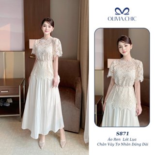  Set Váy Công Sở OLIVIA.CHIC Áo Ren Hoa Cổ Tròn Phối Chân Váy Tơ Nhăn Dáng Dài Kèm Dây Đai Eo S871 