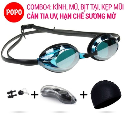 Bộ kính bơi tráng gương POPO 1154 cản tia UV, hạn chế sương mờ cho người lớn và trẻ em từ 8 tuổi