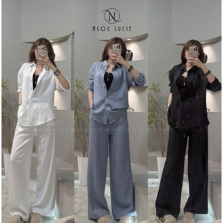 H08 - Set Áo Sơ Mi + Quần Suông Vải Linen Xước Đơn Giản, Thanh Lịch Đi Làm, Đi Chơi,... - Ngọc Lucie