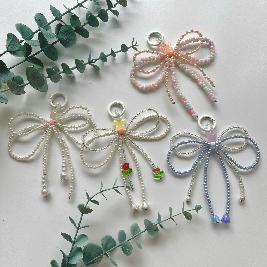 Móc gắn túi xách/ móc khoá hình nơ  hạt ngọc trai siêu dễ thương 100% thủ công_Mimosa Handmade