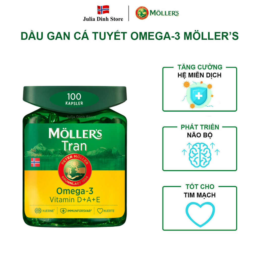Dầu gan cá tuyết Omega 3 và Vitamin A, D, E Mollers TRAN nội địa Na Uy (100 viên)