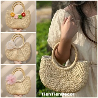  Túi cói lục bình handmade bầu size 25 quai mây- Túi xách nữ đi du lịch 