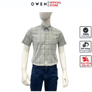 Áo sơ mi ngắn tay nam Áo sơ mi ngắn tay nam OWEN AB250371NT somi công sở cao cấp vải sợi tre màu xanh lá nhạt dáng body