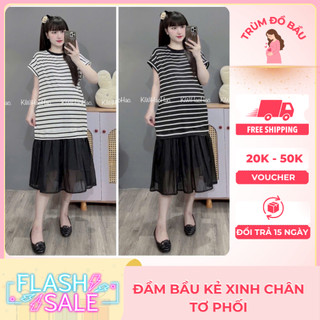 Đầm Bầu Kẻ Xinh – Chân Tơ Phối Đen Bay Nhẹ, Mặc Lên Thon Gọn Cực Đỉnh