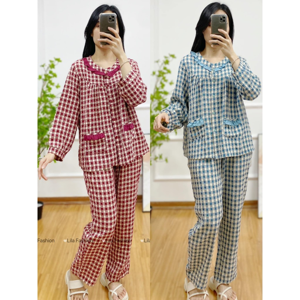 Bộ đồ mặc nhà nữ kẻ caro Lila P18- Cổ nhún bèo phối chất thô cotton mềm mịn,thấm hút mồ hôi -P18 Des