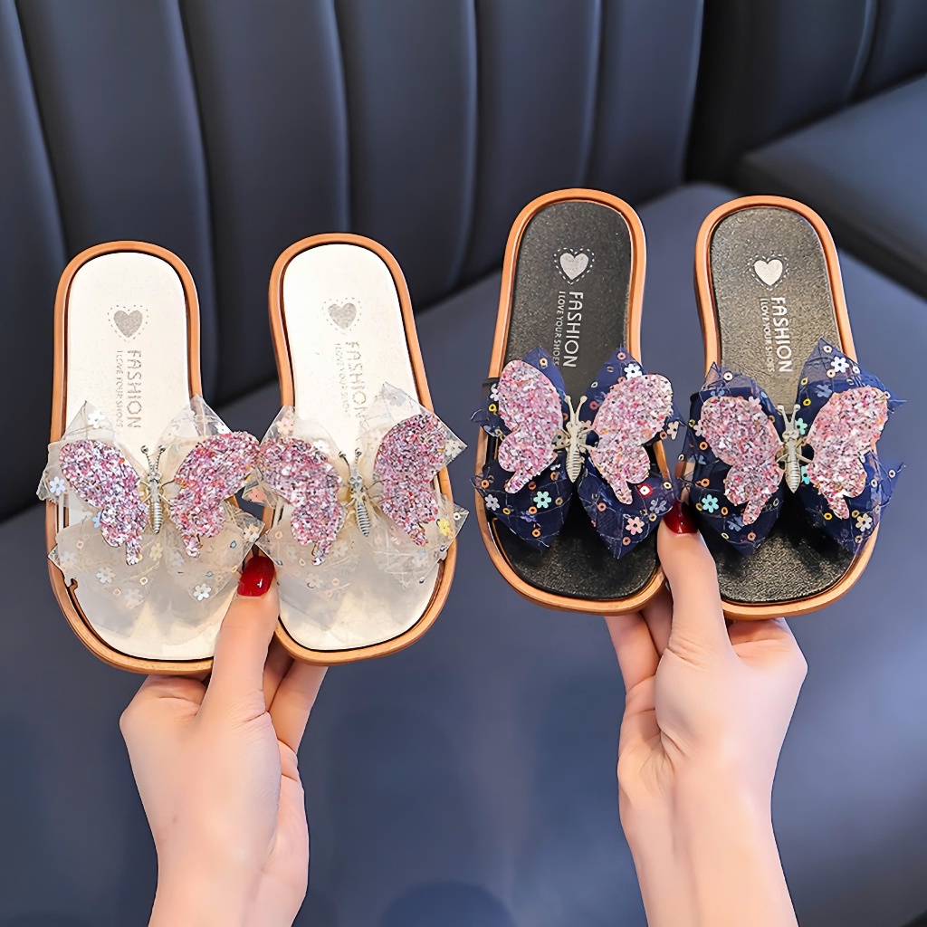 Dép Nơ Gắn Bướm Bay (Cử Động Được)Siêu Xinh Cho Bé Gái  cao cấp new2025,3màu sắc,đế chống trơn trượt
