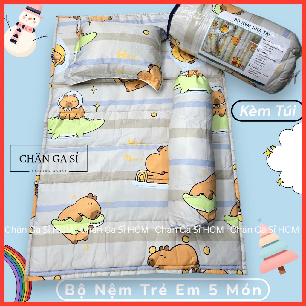 🌠MẪU MỚI🌠 Bộ Nệm Gối Trẻ Em (Kèm Ruột) Vải Lyocell Micro Thoáng Mát, Bộ 5 Món Trẻ Em Đi Học Kèm Túi