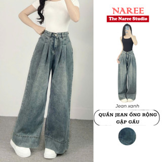 Quần Jean Ống To Rộng Xếp Ly Lưng Cạp Cao Gập Gấu BigSize NAREE, Quần Bò Dáng Suông Chiết Eo 404M