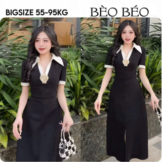   BÈO BÉO BIGSIZE   VÁY MAXI CỔ BẺ BASIC KÈM TAG HOA DÁNG XOÈ XẺ ĐÙI FORM BIGSIZE 60-90KG 