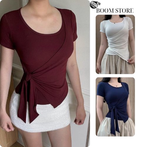 Áo thun nữ phối viền thiết kế dây rời thắt eo vạt xẻ tà vải tăm hàn ôm body thiết kế trẻ trung | BigBuy360 - bigbuy360.vn