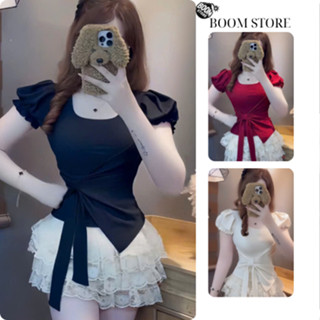 Áo Thun Nữ Cổ Vuông Tay Bồng Phối Vạt Chéo Buộc Nơ Phối Dây Buộc Thắt Eo,  Chất Liệu Tăm Lạnh