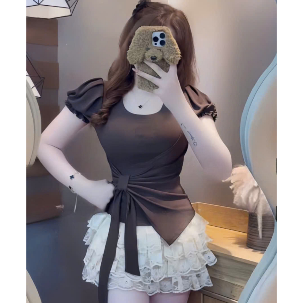 Áo Thun Nữ Cổ Vuông Tay Bồng Phối Vạt Chéo Buộc Nơ Phối Dây Buộc Thắt Eo,  Chất Liệu Tăm Lạnh | BigBuy360 - bigbuy360.vn