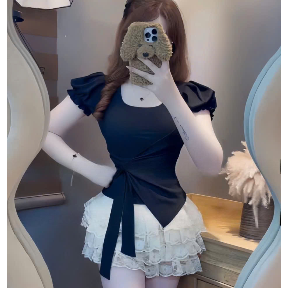 Áo Thun Nữ Cổ Vuông Tay Bồng Phối Vạt Chéo Buộc Nơ Phối Dây Buộc Thắt Eo,  Chất Liệu Tăm Lạnh | BigBuy360 - bigbuy360.vn