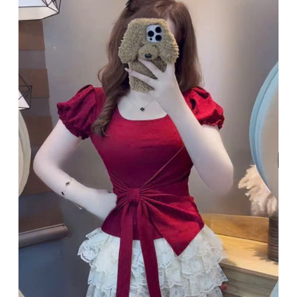 Áo Thun Nữ Cổ Vuông Tay Bồng Phối Vạt Chéo Buộc Nơ Phối Dây Buộc Thắt Eo,  Chất Liệu Tăm Lạnh | BigBuy360 - bigbuy360.vn