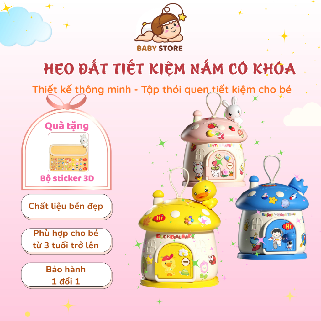 Ống Heo Tiết Kiệm Ngôi Nhà Nấm Size To Có Khóa – Heo Đất Decor Nhựa Bền Đẹp Cho Bé Tập Tiết Kiệm