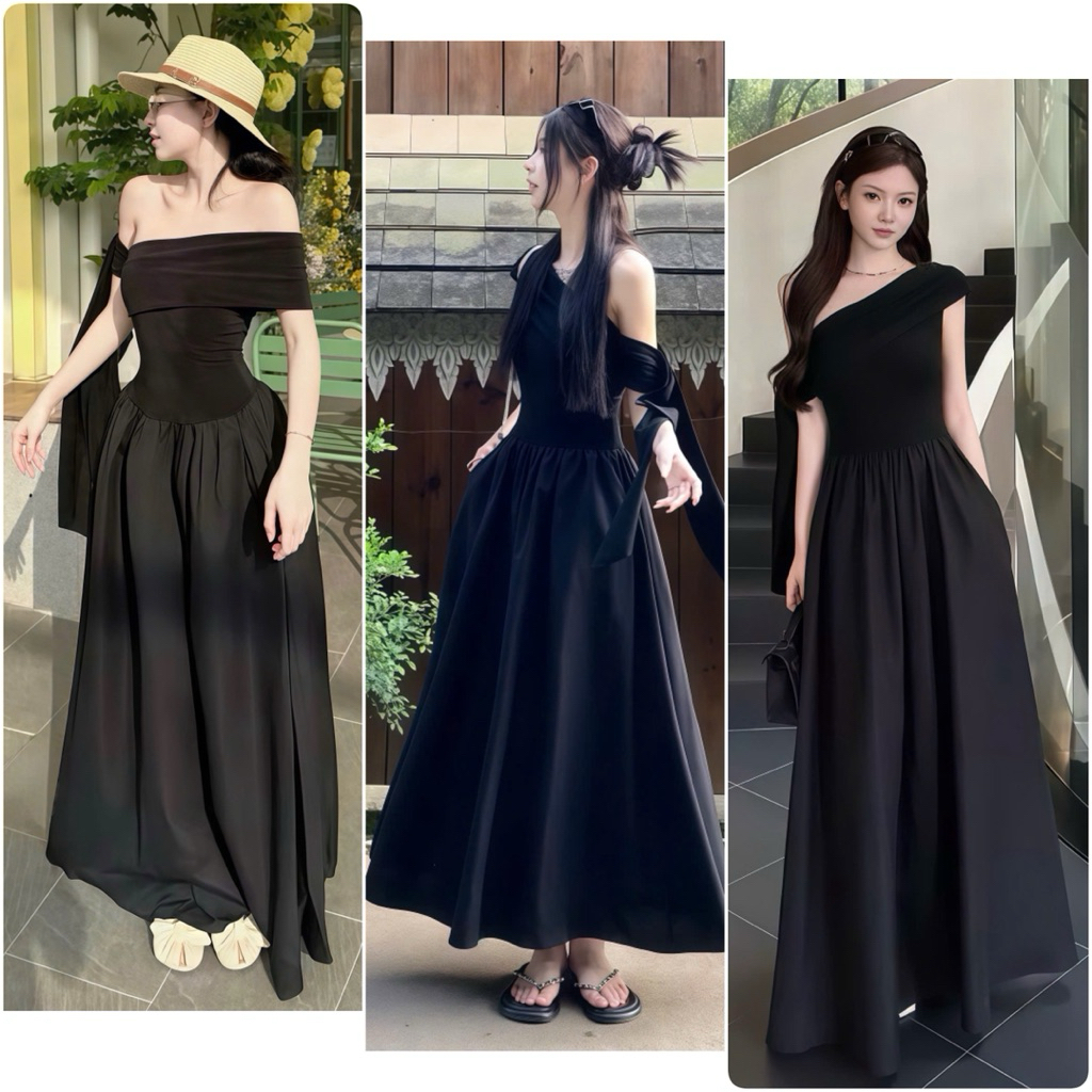 Váy Trễ Vai Dáng Dài Màu Đen Lệch Vai Dây Thả Vai Dáng Xoè (LA1)