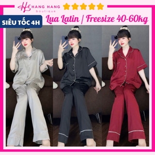 Đồ ngủ nữ 40-60kg, pijama dài cộc tay ngắn viền đáp lụa latin xước mềm mát 60CD13, đồ bộ nữ đồ mặc nhà trơn sang chảnh