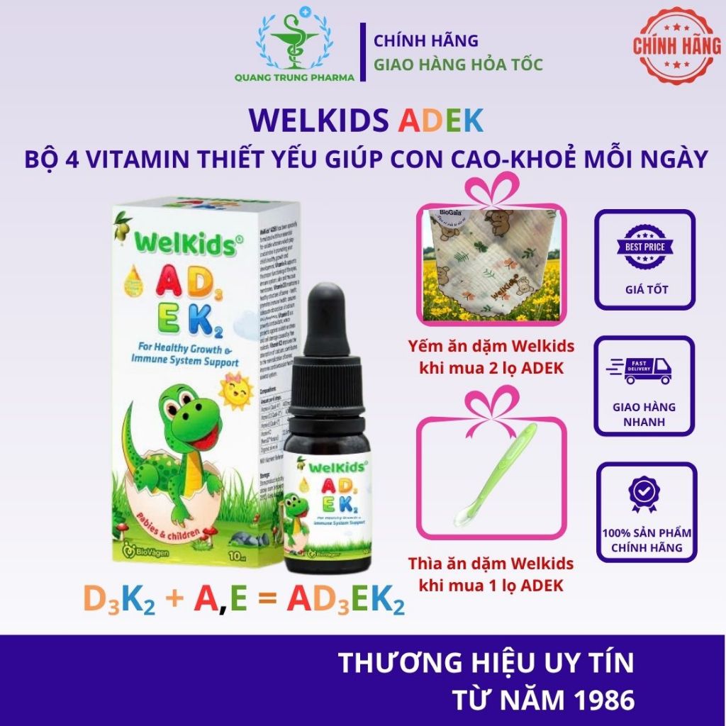WelKids ADEK tinh khiết bổ sung vitamin A,E và D3 K2 MK7 tan trong dầu olive hữu cơ