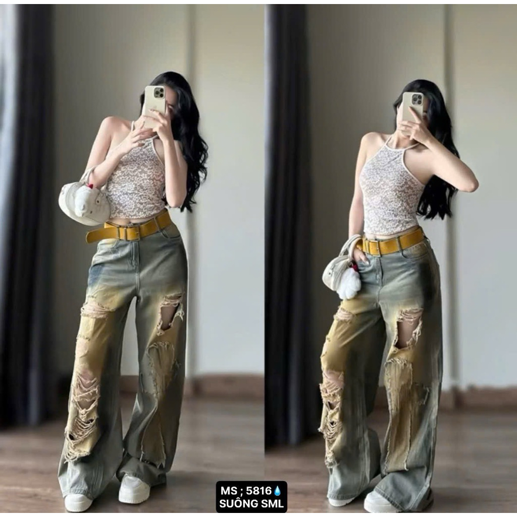AN JEAN-Quần jean nữ cá tính jean suông jean rách lưng cao