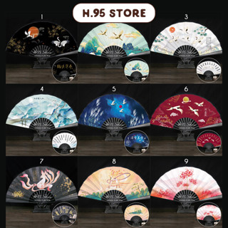  Quạt xếp cổ trang vải màu in 2 mặt size lớn quạt cổ trang nam Trung Quốc 