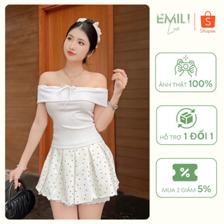 Áo thun trễ vai ôm body Emili phối chân váy xếp ly chấm bi mix ren phong cách [T1275]