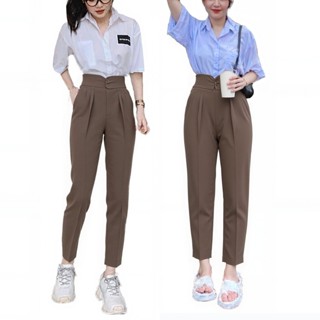 Quần tây baggy nữ màu nâu đi học cạp cao lưng thun chun sau Geleva GE908