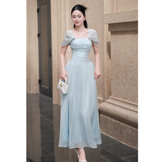 Đầm dự tiệc, váy đi dự tiệc voan tơ cổ vuông đính tag đá dáng xòe dài thiết kế tiểu thư sang chảnh LEVAN Jennies