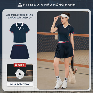 Bộ đồ Pickleball, cầu lông, tennis nữ Fitme ES áo polo tôn dáng, chân váy xếp ly Navy Trắng năng động có quần bảo hộ