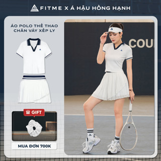 Bộ đồ Pickleball, cầu lông, tennis nữ Fitme ES áo polo tôn dáng, chân váy 3 lớp Trắng Navy năng động có quần bảo hộ