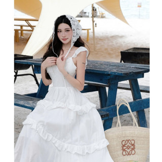 Set đồ nữ sang chảnh tiểu thư đầm 2 dây cổ V đáp ren dáng xòe dài thân bèo thiết kế đi chơi đi biển du lịch LEVAN Rose