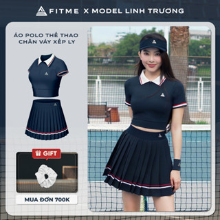 Bộ đồ Pickleball, cầu lông, tennis nữ Fitme EA áo Polo thoáng khí, chân váy xếp ly Navy năng động có quần bảo hộ