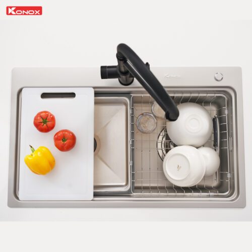 Chậu rửa bát 1 hố chống xước Workstation Sink KN8048TS Dekor, Bề mặt Linen chống xước KT800 x 480 mm