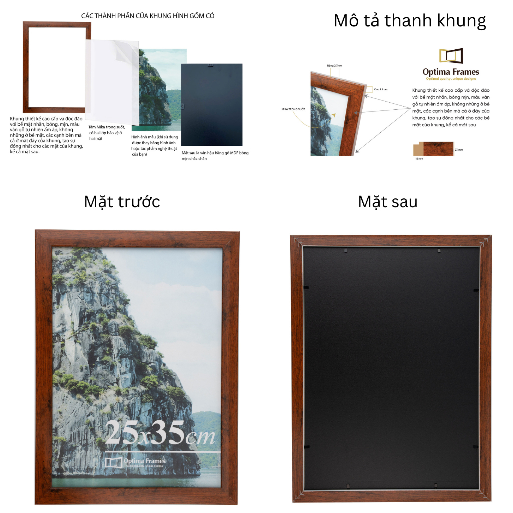 Khung hình nhựa cao cấp thiết kế độc đáo đẹp cả mặt sau có chân chống để bàn / treo tường thương hiệu Optima Frame