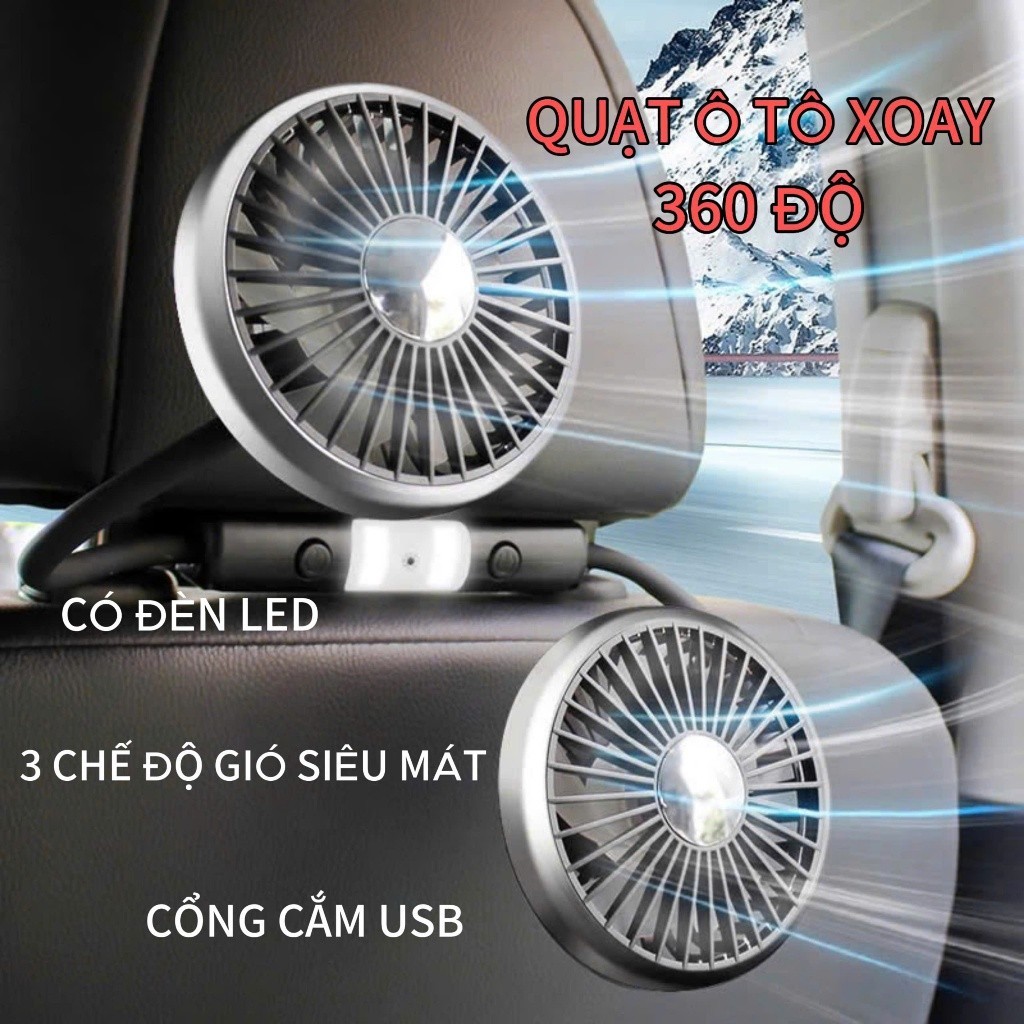 Quạt Ô Tô Gắn Ghế Cho Hàng Ghế Sau, Quạt ô tô hai đầu di động Xoay 360 độ làm mát không khí 3 tốc độ
