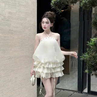 Đầm đi dự tiệc, váy dự tiệc voan tơ cổ dây yếm chun eo phối chân xòe tầng ngắn thiết kế tiểu thư sang chảnh LONA Rose