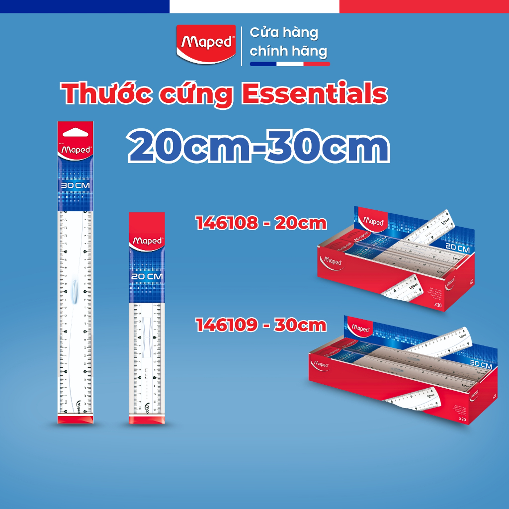 Thước Trắng Cứng Esstentials Maped - Có Cán Cầm, Dễ Sử Dụng, Thương Hiệu Pháp [Chính Hãng}