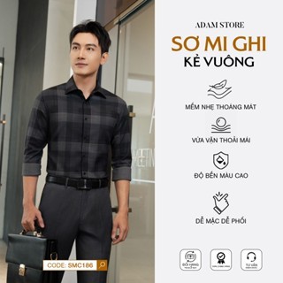 ÁO SƠ MI NAM  ADAM STORE MÀU GHI KẺ VUÔNG SMC186 SÁNG DA KHÔNG KÉN TUỔI