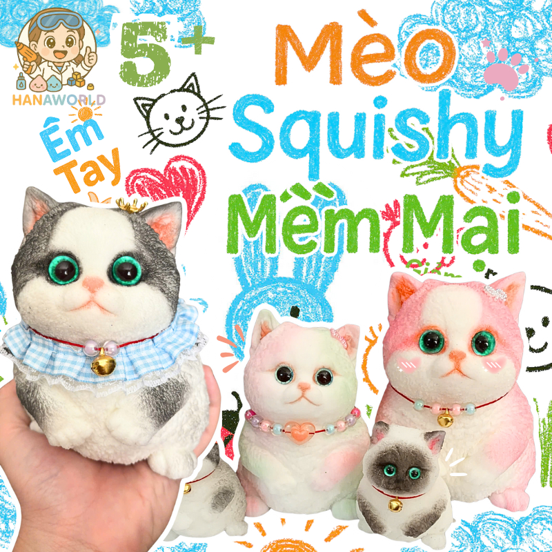Mèo Squishy Giảm Stress Hanaworld – Đồ Chơi Bóp Mềm Cute Cho Bé & Người Lớn, Chất Dẻo Mịn