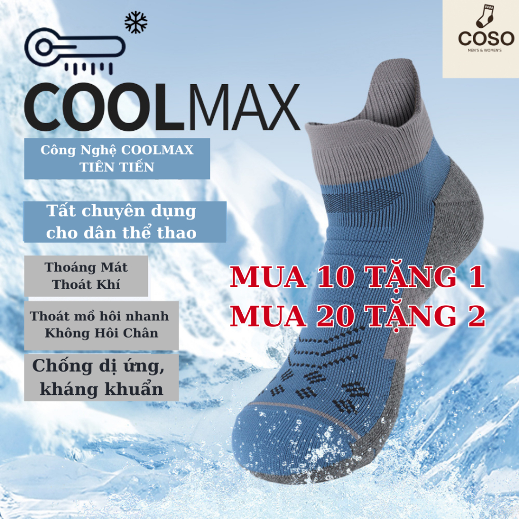 [COSO] Tất Thể Thao Nam Nữ COOLMAX – Thấm Mồ Hôi, Thoáng Khí, Đế Dày Chống Trượt, Kháng Khuẩn