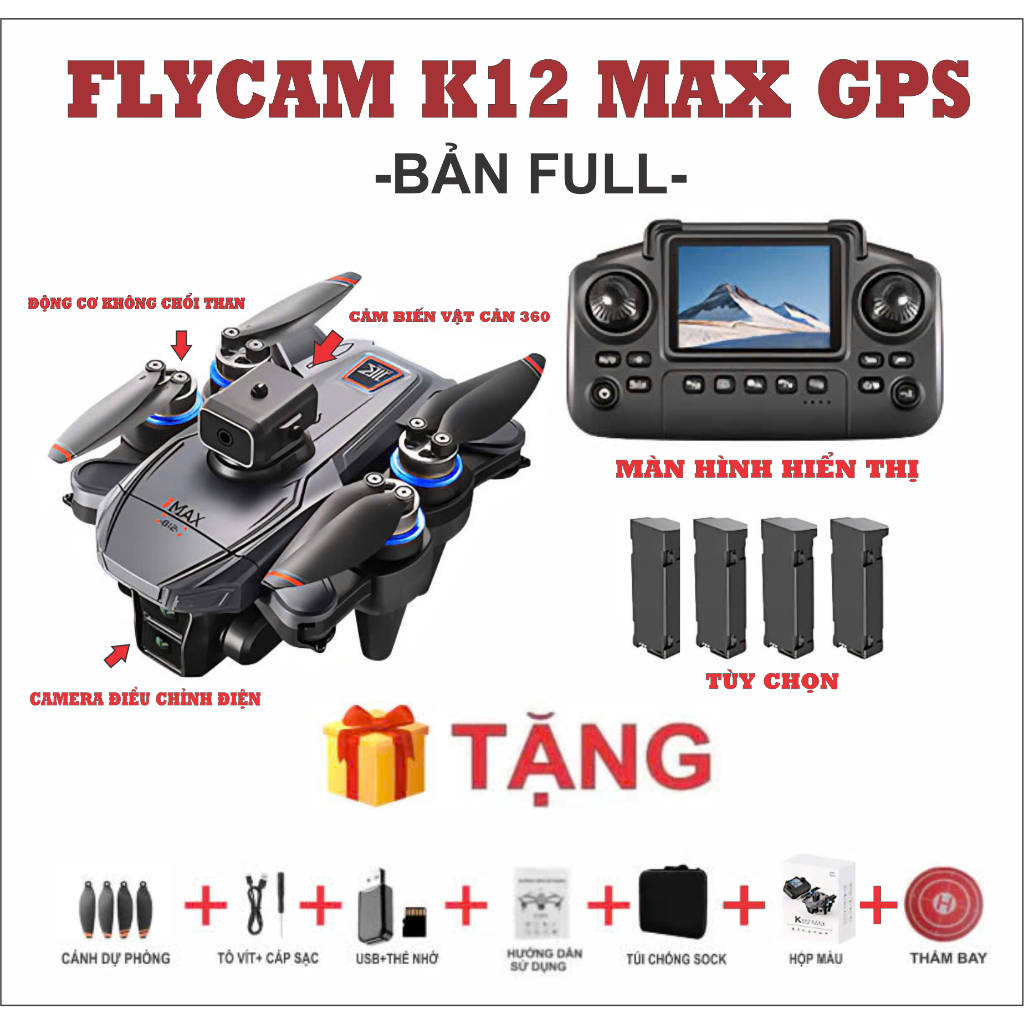 FLYCAM k812 MAX +GPS+MÀN HÌNH RC+ĐỘNG CƠ KHÔNG CHỔI THAN