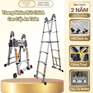Thang Nhôm Rút Chữ A HUDI Đa Năng Có Thanh Bảo Vệ Và Bánh Xe Chống Trơn Trượt Cao Cấp Chịu Tải 800KG