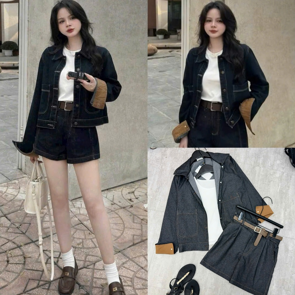 (Sét 4 Món) : Áo Khoác Bò Mềm Cúc Bạc + Áo 3 Lỗ Tăm Len + Quần Đùi Cùng Tone +Đai Da Xịn Xò , ( Ảnh 