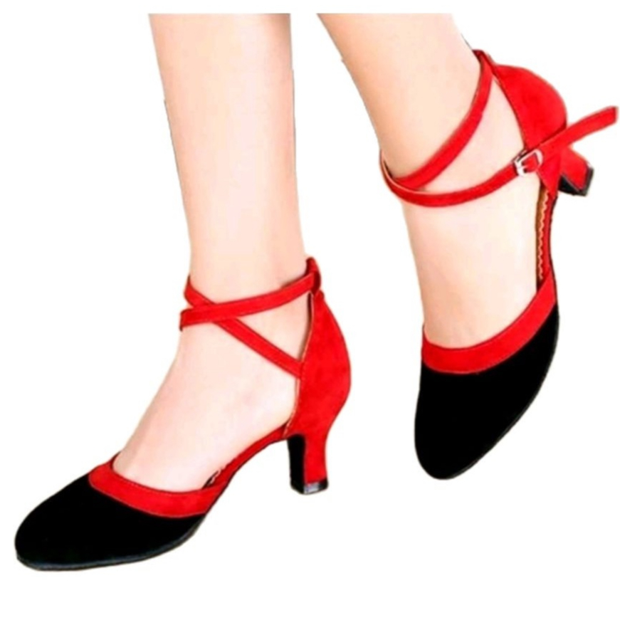 Giày khiêu vũ bít mũi pha màu đỏ đen đế cao su dẻo cao cấp gót 5cm