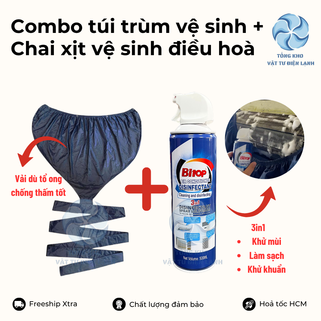 Combo túi trùm vệ sinh máy lạnh kèm chai xịt vệ sinh máy lạnh 500ml - Túi trùm vệ sinh điều hoà nhiều kích thước