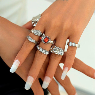 NHẪN NỮ set 7 nhẫn nhẫn cá tính vintage đá đỏ màu bạc/vàng style usuk Âu Mỹ mã 549