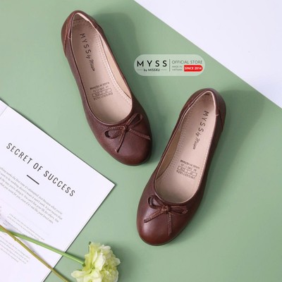 Giày búp bê nữ mũi tròn phối nơ da bò 2cm cao cấp MYSS - BB42